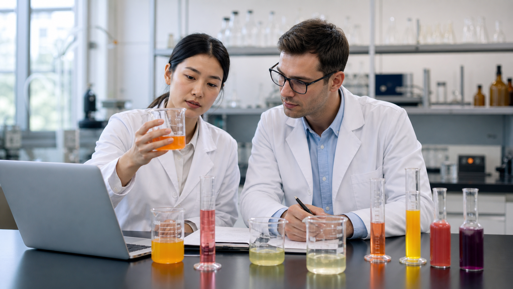 R&D team reviewing drink formulations with beakers and color samples
