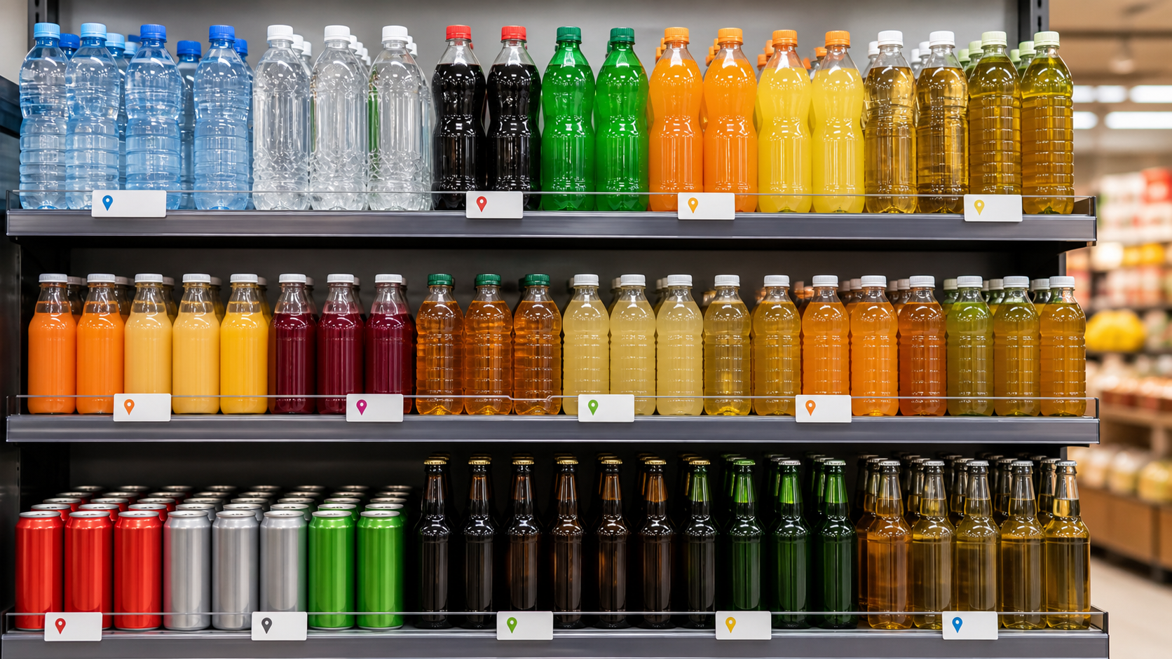 Assorted beverages on shelf with visible origin information tags