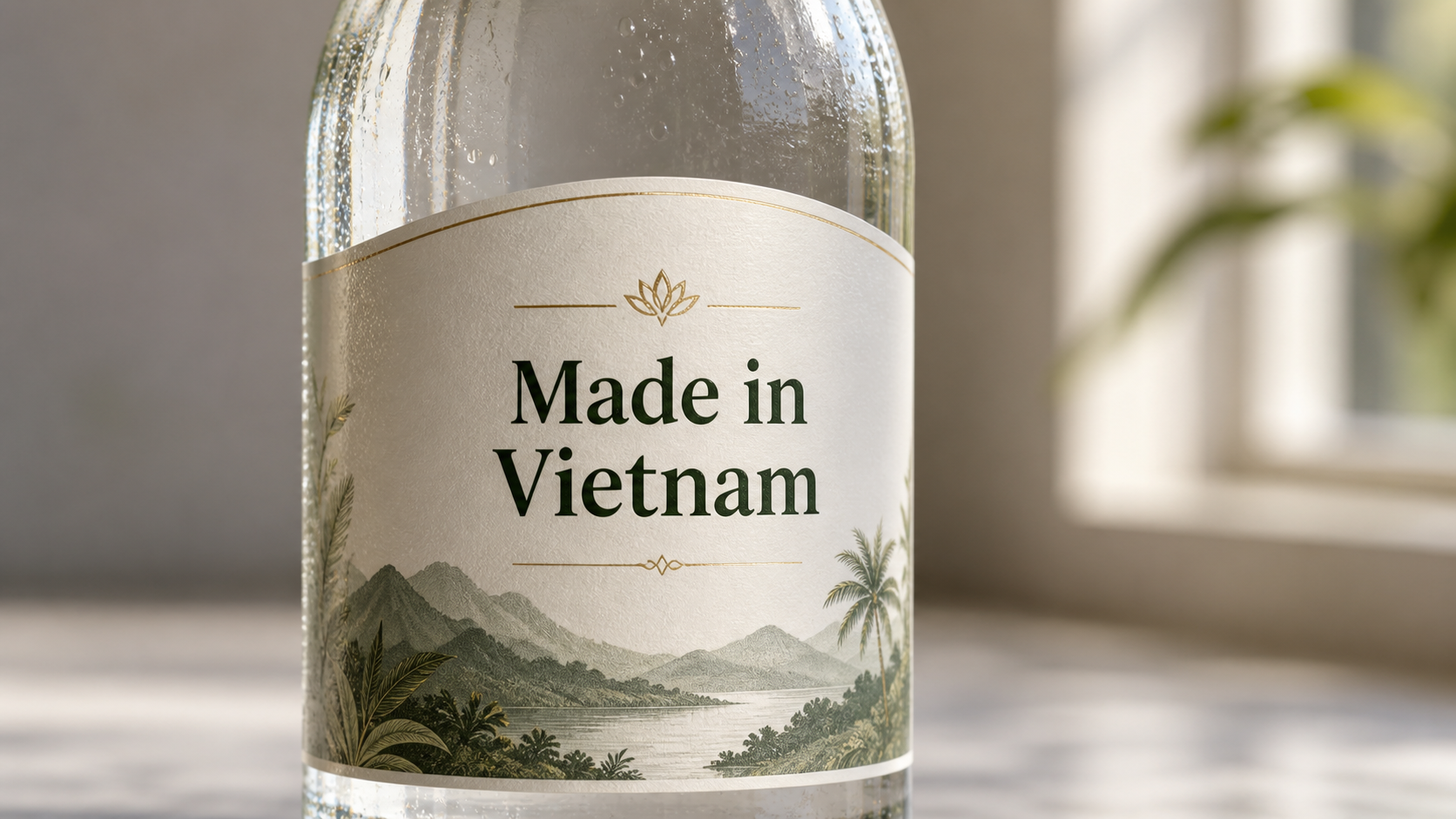 Close-up of Made in Vietnam on glass beverage bottle label