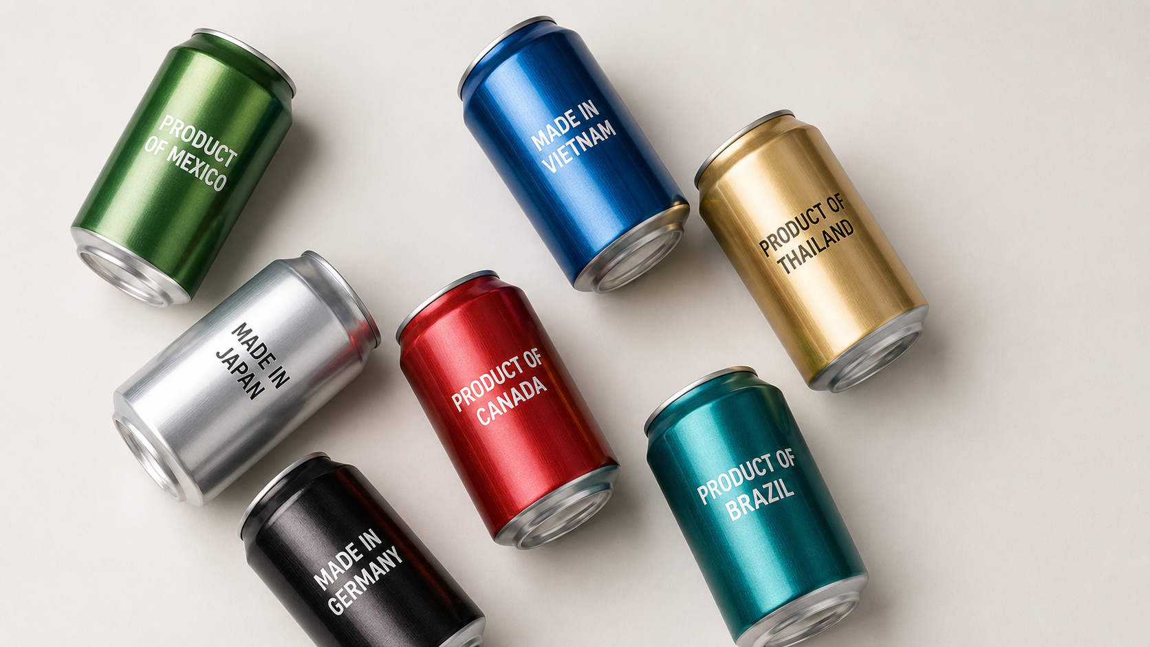 Flat lay of beverage cans showing clear country of origin
