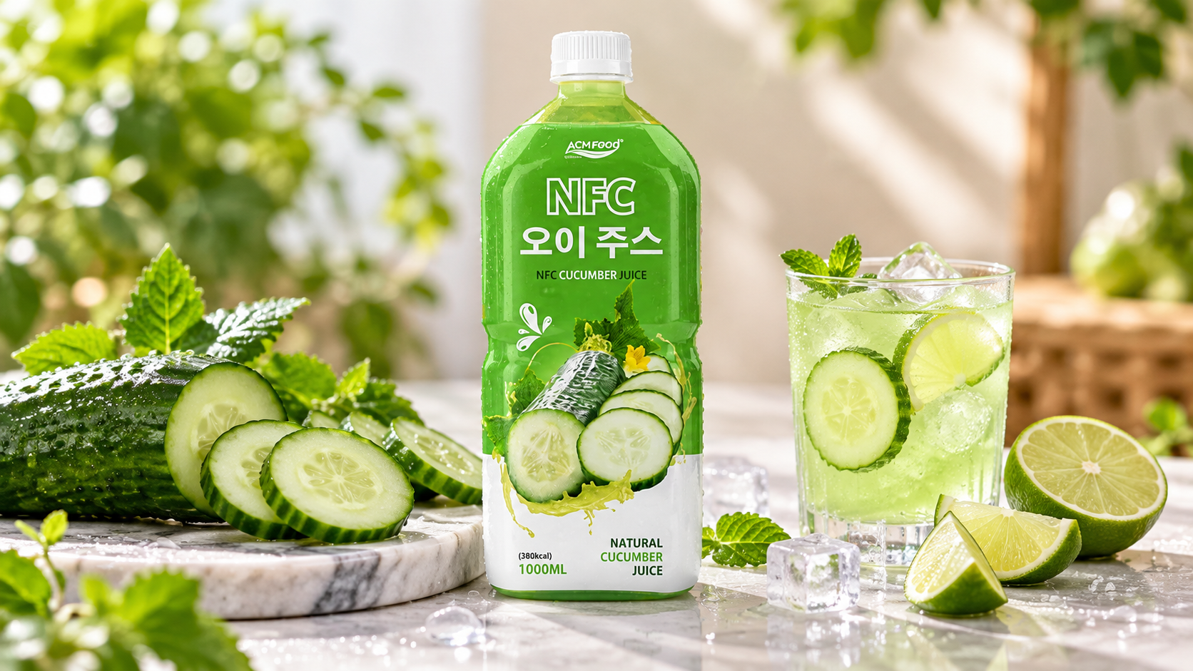 Slim aluminium can of pale green cucumber drink with water droplets on a bright table beside sliced cucumber and lime wedges, soft studio lighting, commercial beverage photography, landscape composition