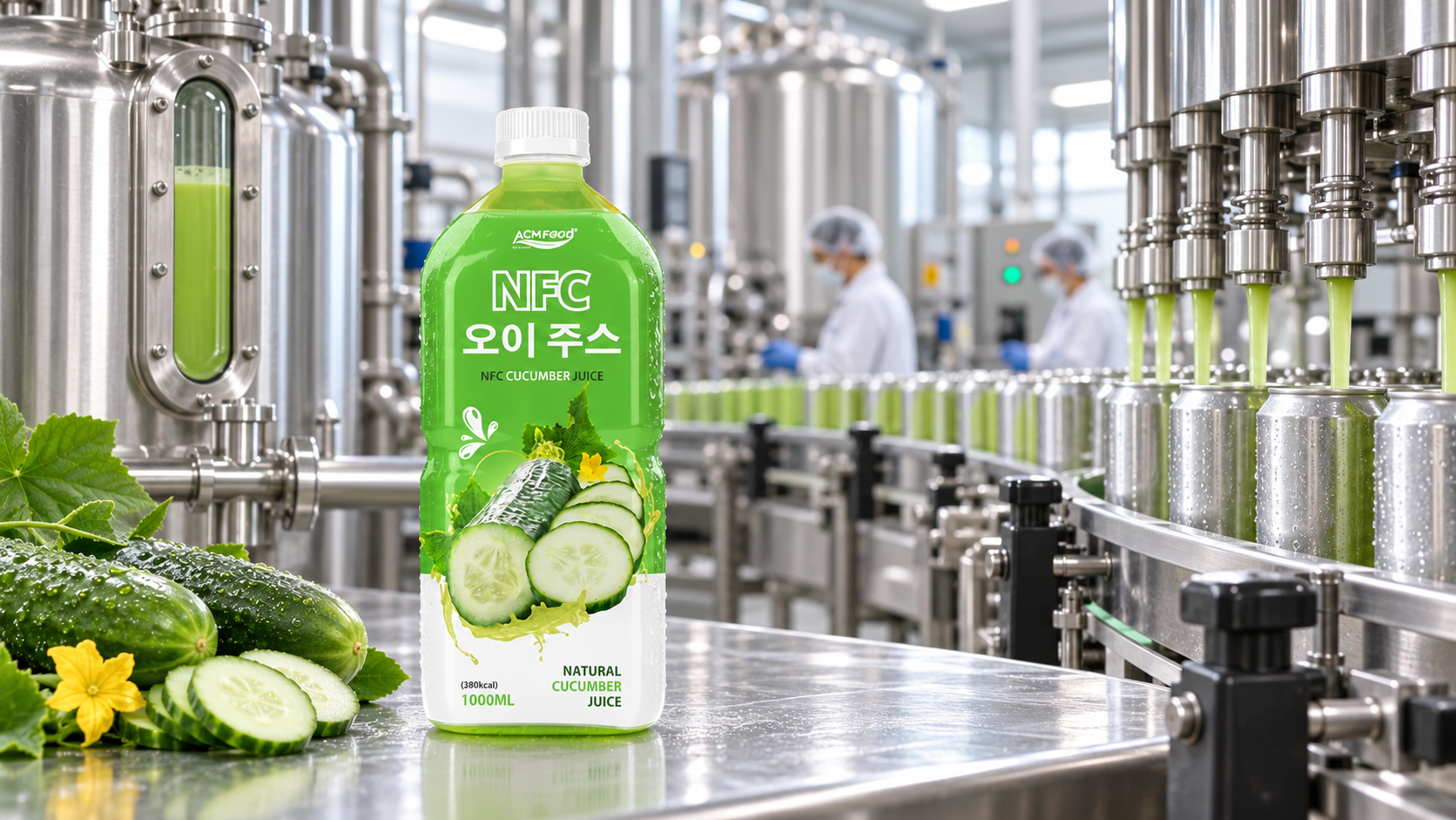 Stainless steel tanks and a can filling line in a clean modern beverage factory with light green liquid visible in a sight glass, commercial industrial photography, landscape composition
