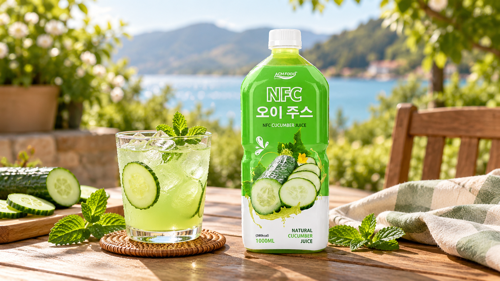 Glass of pale green cucumber drink with ice and mint beside an aluminium can on an outdoor table in warm sunlight, commercial lifestyle photography, landscape composition