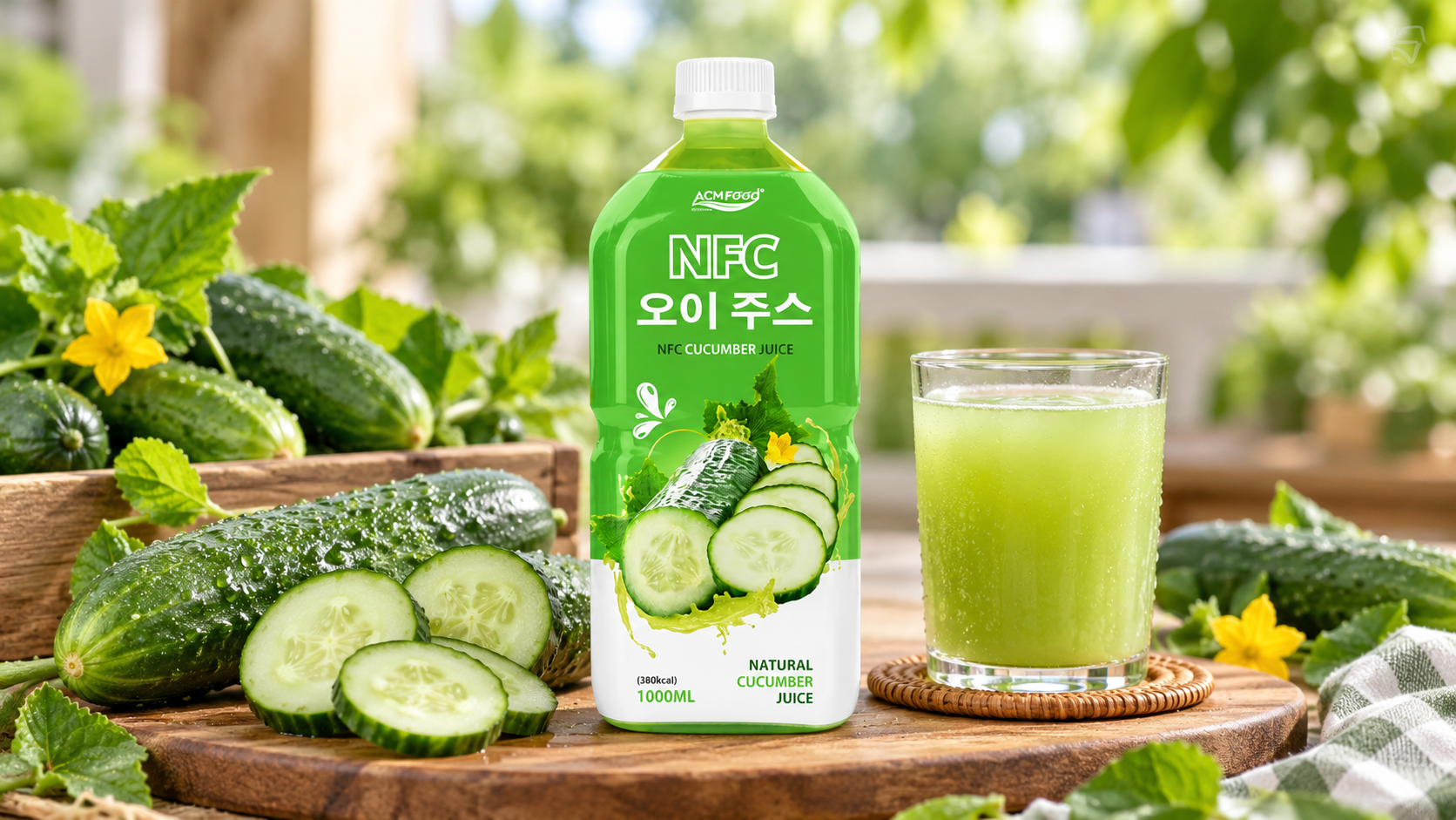 Fresh green cucumbers whole and sliced on a wooden board with a glass of pale green cucumber juice, soft natural daylight, commercial food photography, landscape composition