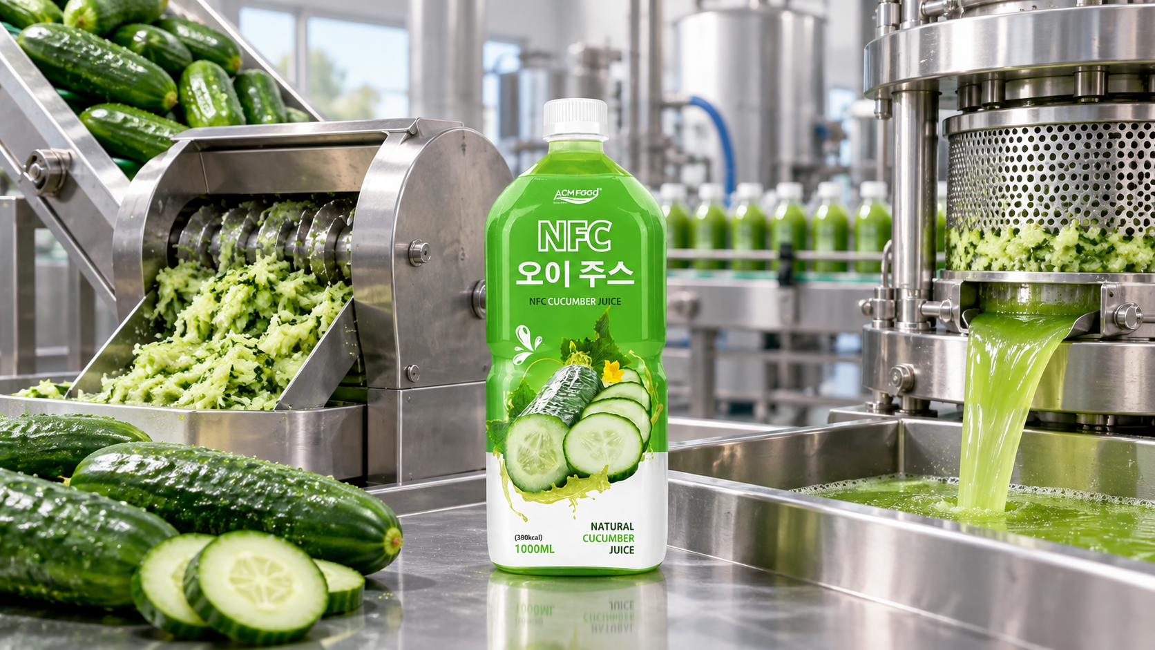 Stainless steel crusher and juice press processing green cucumbers in a clean modern beverage factory, no people, commercial industrial photography, landscape composition