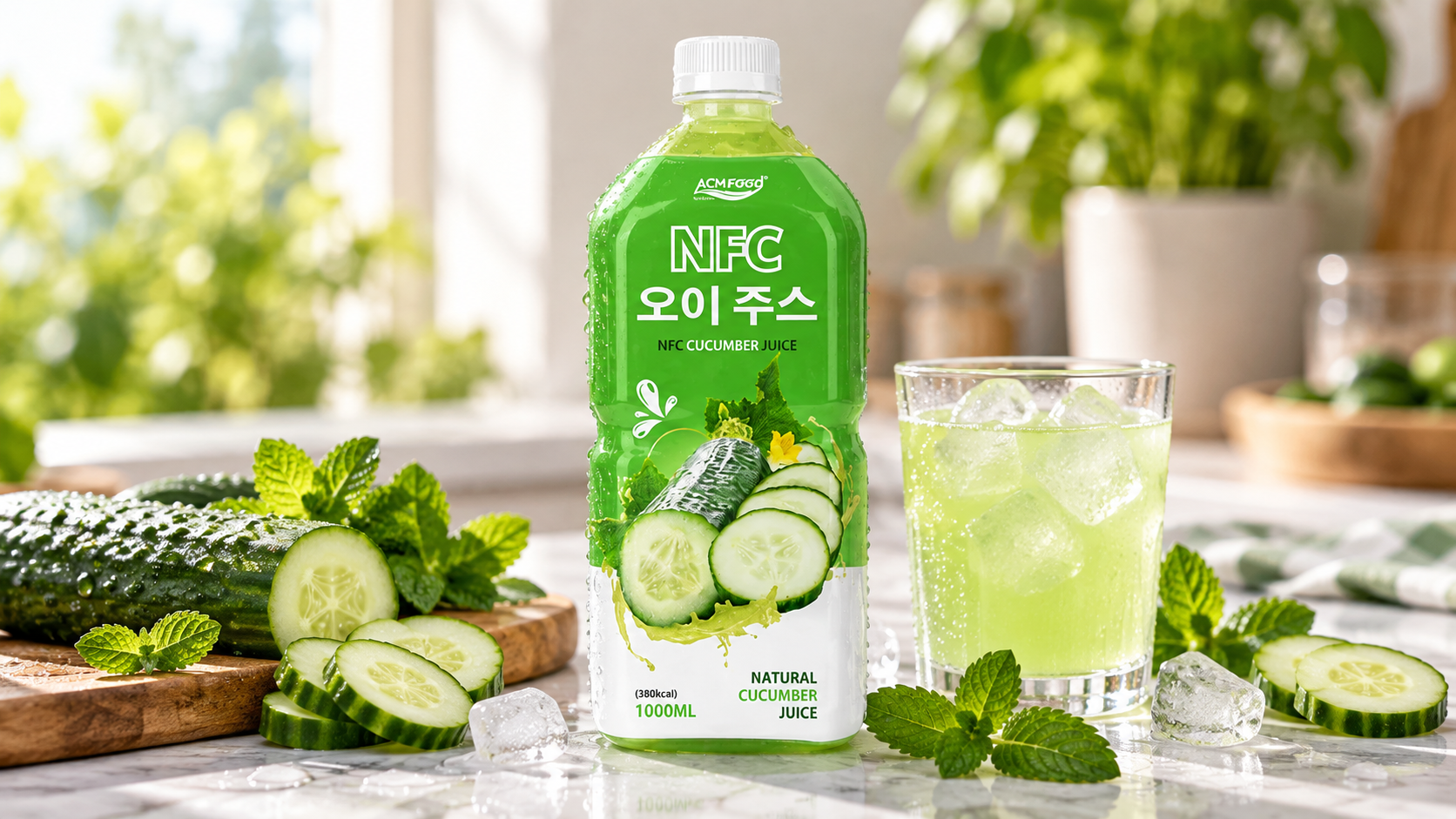Clear PET bottle of pale green cucumber juice with water droplets beside sliced cucumber and mint leaves on a bright counter, natural light, commercial beverage photography, landscape composition