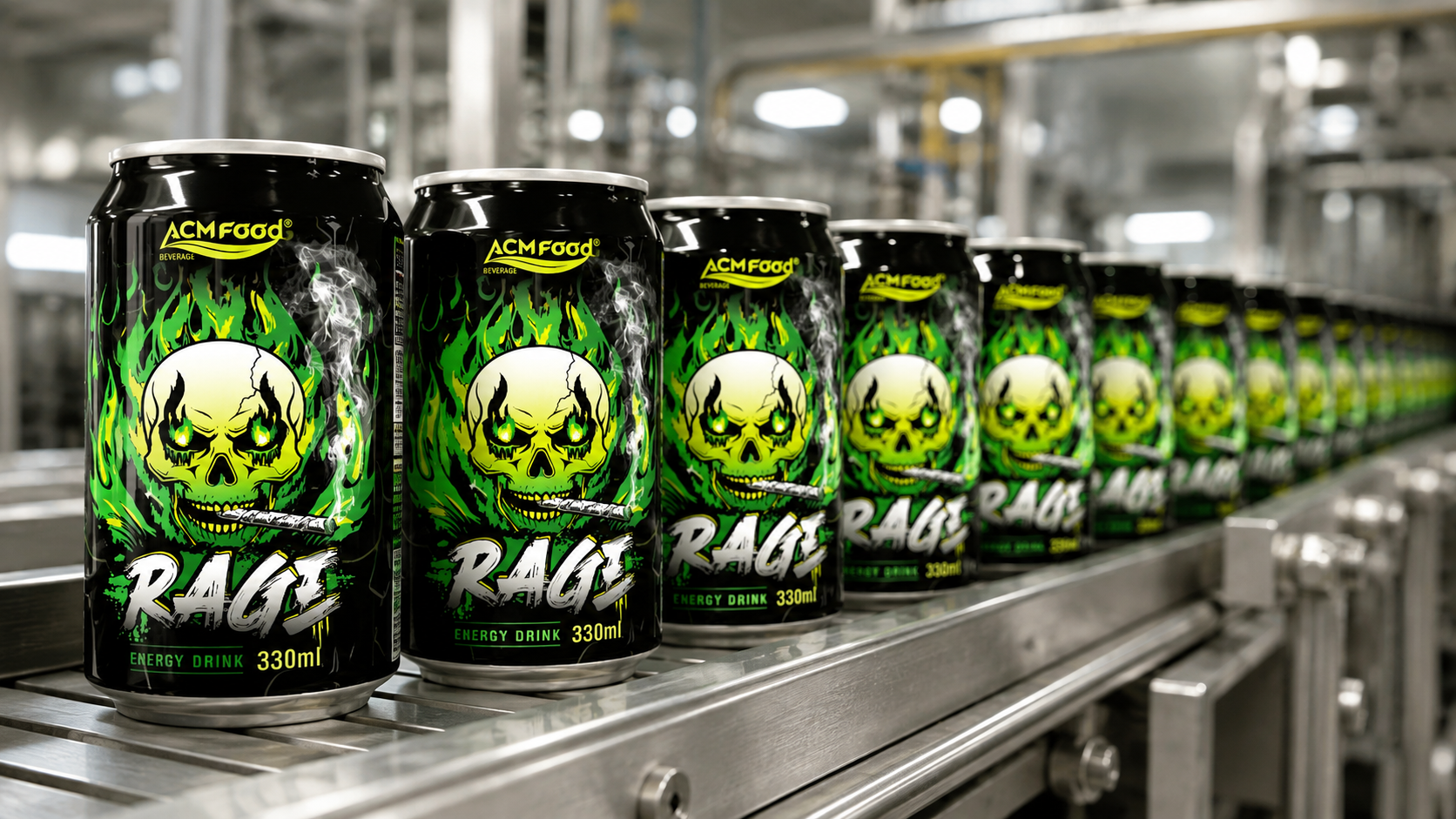 Cans of energy drink beverages lined up on a stainless steel production line, bright industrial lighting, commercial photography, landscape composition
