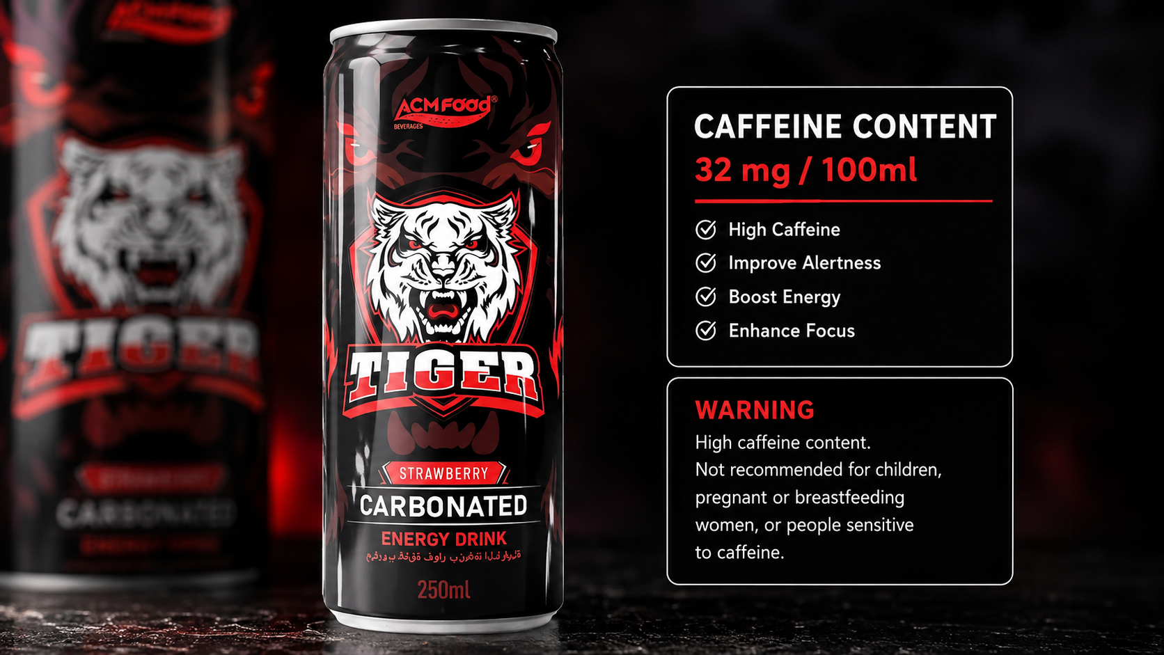 Close-up of an energy drink can label showing caffeine content and warning text, soft studio lighting, commercial product photography, landscape composition