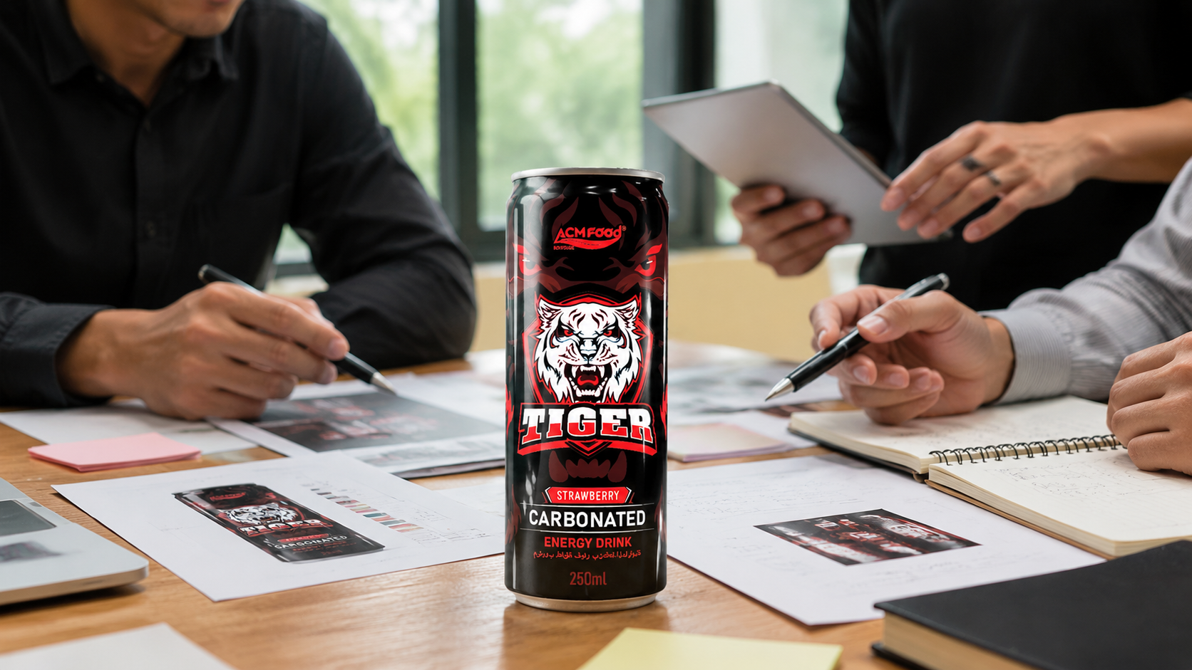 Beverage brand team reviewing energy drink formulation notes and label proofs on a desk, natural daylight, commercial photography, landscape composition