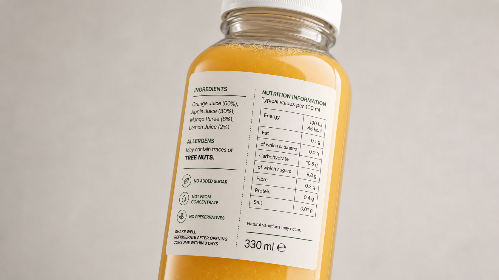 Close-up of a juice bottle label with EU allergen and nutrition table