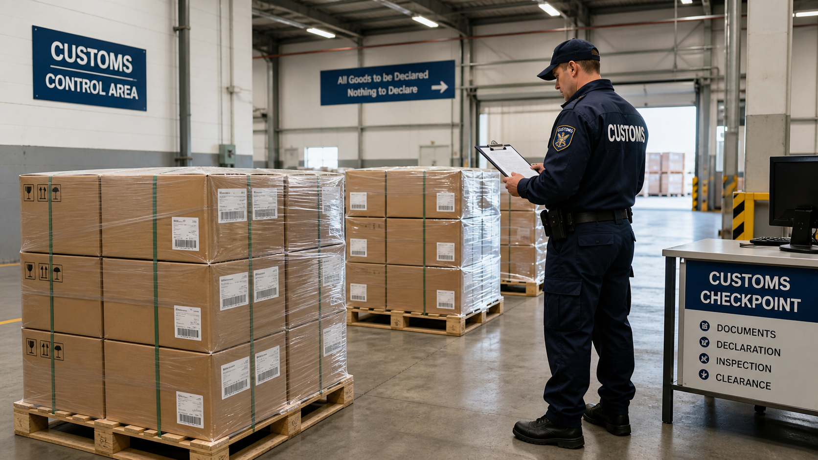 Pallets of beverage cartons undergoing customs inspection at an EU border