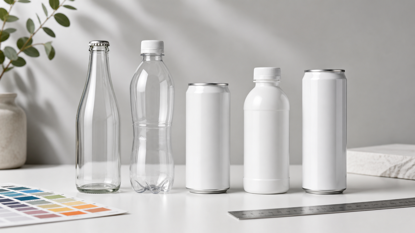 Lineup of unlabeled beverage bottles and cans for multi-country packaging planning