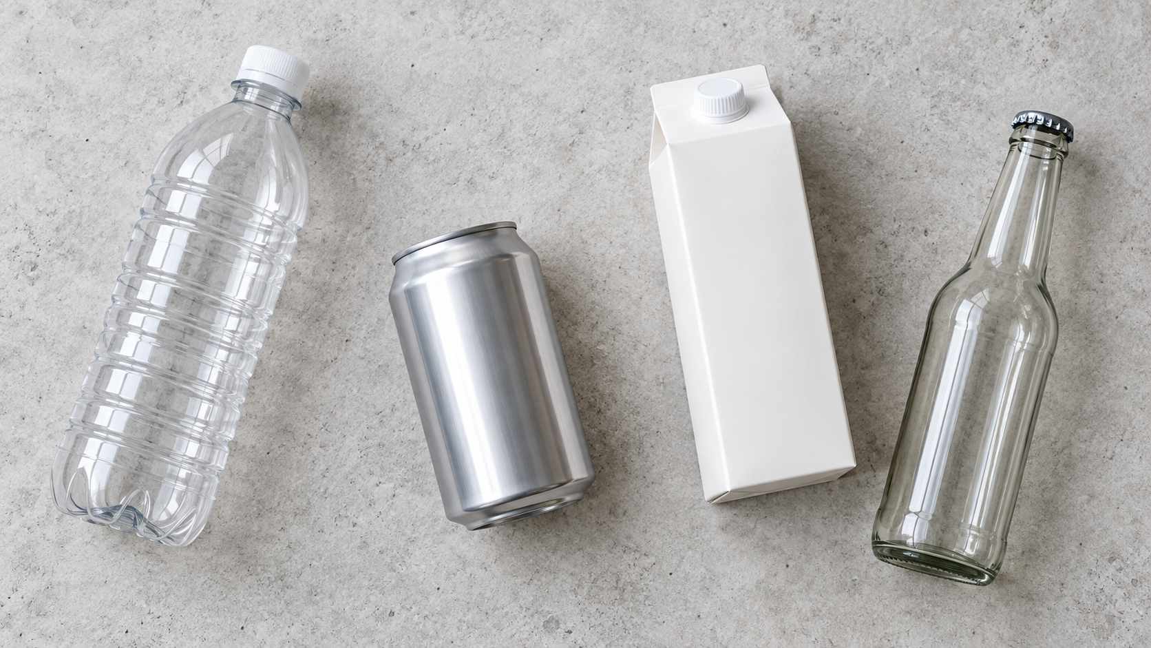 Overhead view of assorted empty unbranded beverage packaging on a pale concrete surface: a clear PET bottle, an aluminium can, a carton and a glass bottle, arranged with space between them, soft even daylight, clean commercial product photography, landscape composition, no readable text