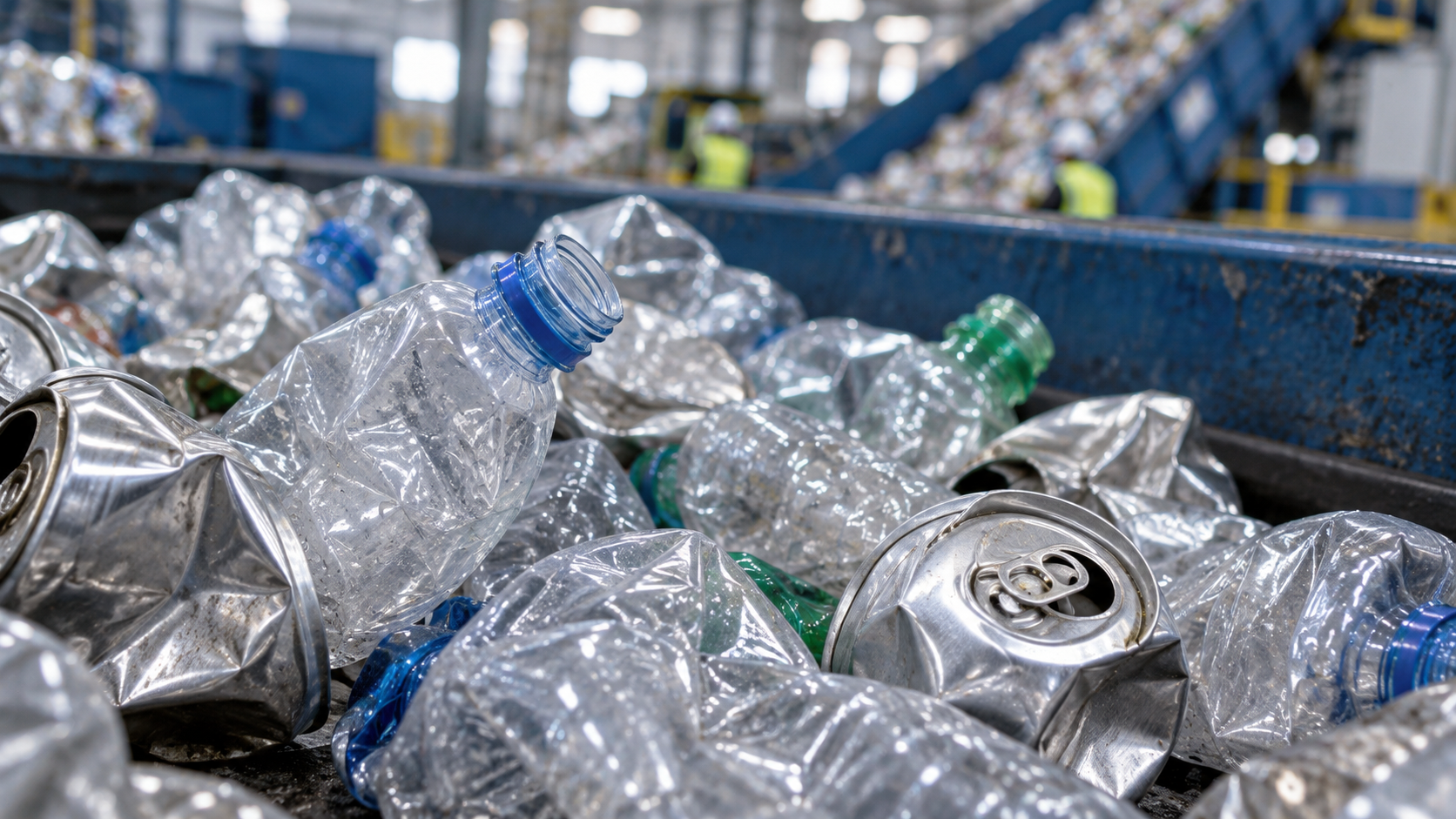 Close-up of crushed clear PET bottles and aluminium cans in a sorted recycling stream at a materials recovery facility, cool industrial lighting, shallow depth of field, realistic documentary industrial photography, landscape composition, no identifiable brands