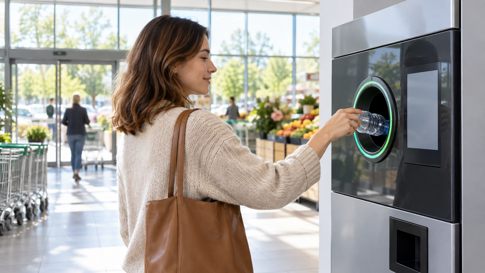 A reverse vending machine in a bright supermarket entrance with a person inserting an unbranded plastic bottle, clean modern retail interior, natural light from large windows, realistic commercial retail photography, landscape composition, no legible signage
