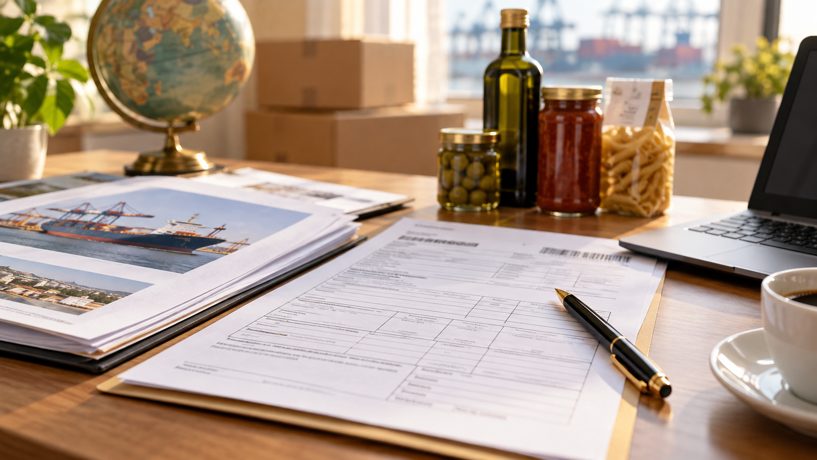 Close-up of export documents and a customs declaration form on a desk beside a pen and a laptop, shallow depth of field so text is not legible, warm office daylight, professional commercial photography, 16:9 landscape