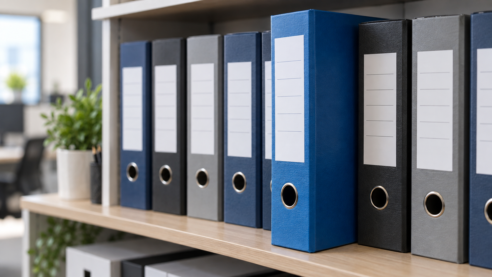 An organised row of labelled document binders on an office shelf with one pulled slightly forward, neutral office lighting, shallow depth of field so no text is legible, professional commercial photography, 16:9 landscape