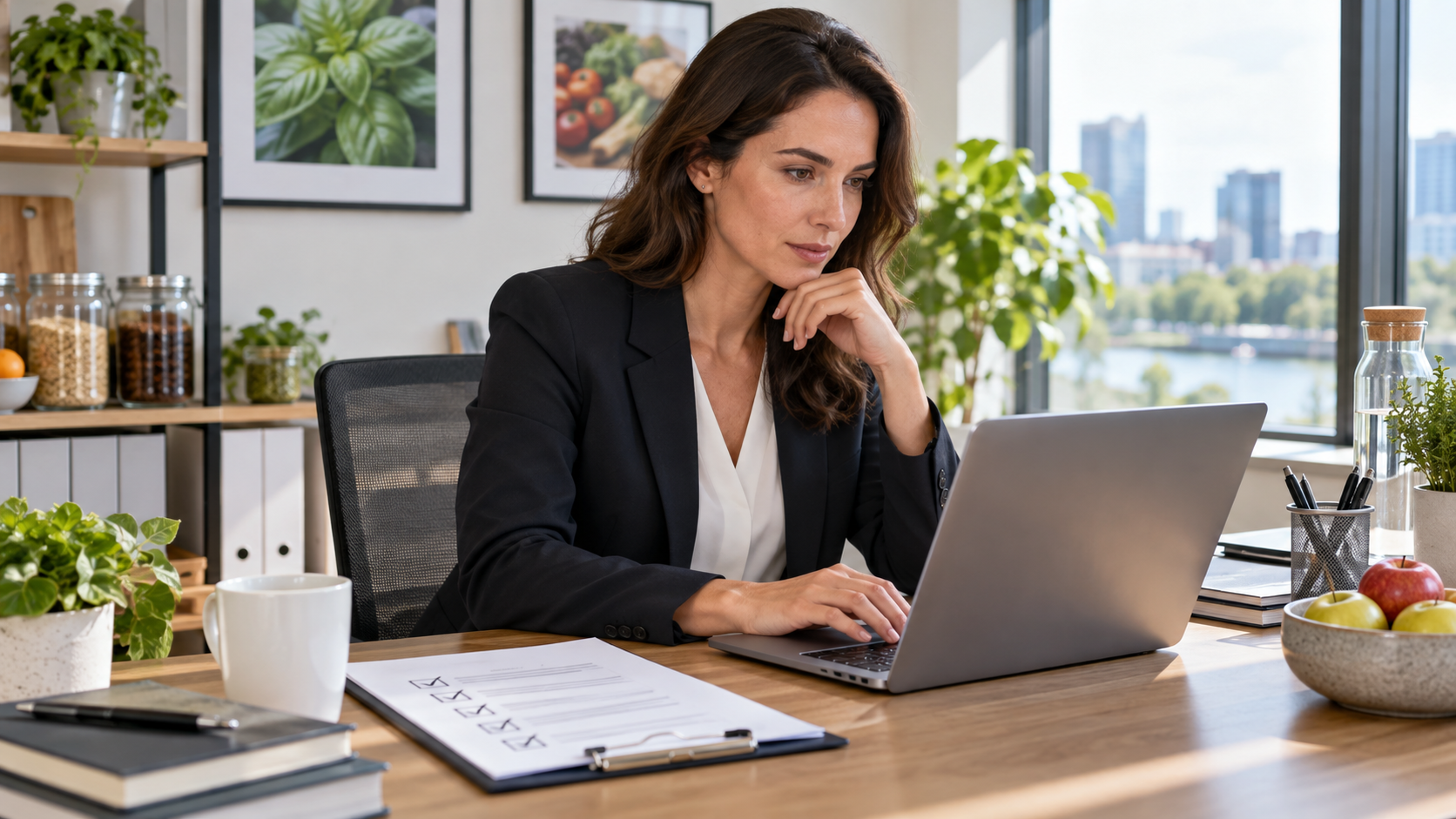 A compliance officer reviewing supplier records on a laptop at a tidy desk with a printed checklist beside the keyboard, bright modern office, natural window light, professional commercial photography, 16:9 landscape