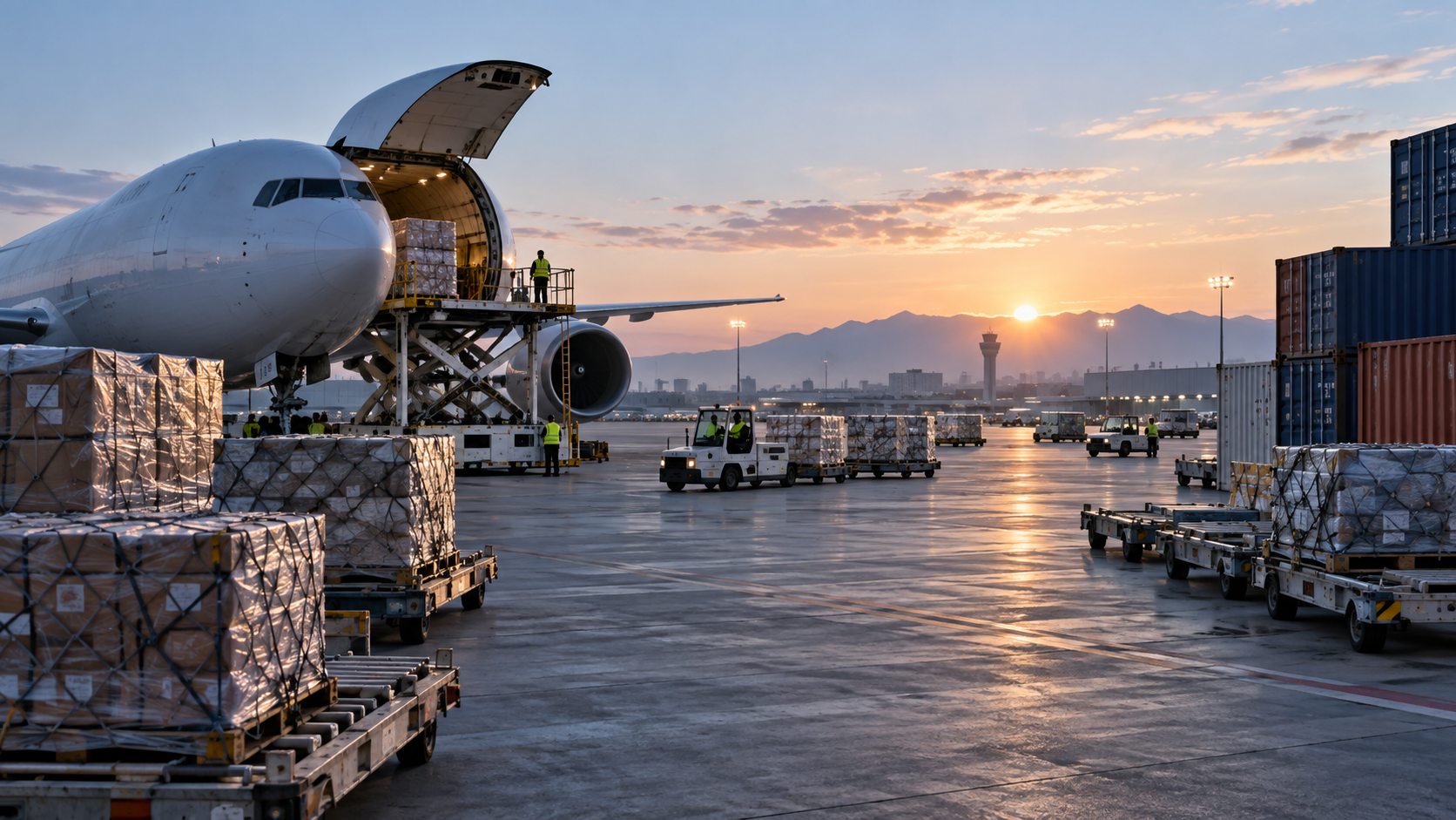 A cargo aircraft and shipping containers at a freight terminal at dawn, ground crew vehicles in the middle distance, cool early light, wide establishing shot, realistic documentary photography, 16:9 landscape