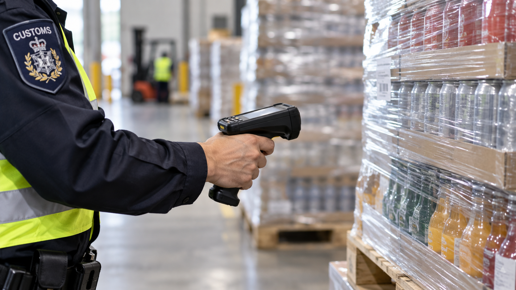 A close-up of a customs officer hand holding a scanner beside stacked pallets wrapped in clear film inside a bonded warehouse, neutral industrial light, shallow depth of field, professional commercial photography, 16:9 landscape