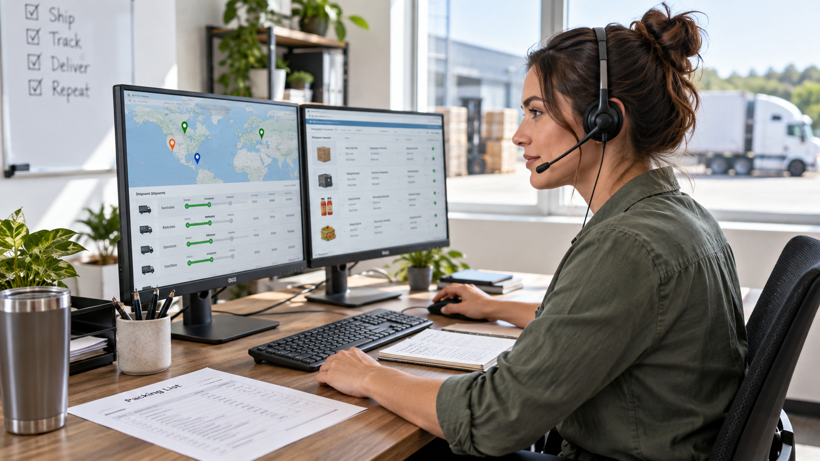A logistics coordinator at a desk with two screens showing shipment tracking interfaces, a phone headset and a printed packing list beside the keyboard, bright office, natural light, professional commercial photography, 16:9 landscape