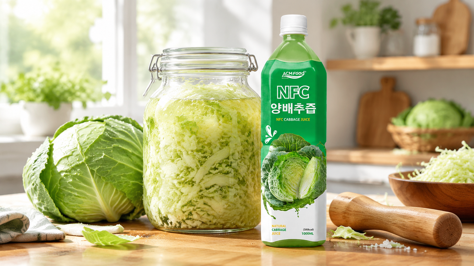 Large glass jar of shredded cabbage fermenting in brine with small bubbles, beside a whole green cabbage and a wooden pounder on a kitchen table, soft natural light, commercial food photography, landscape composition
