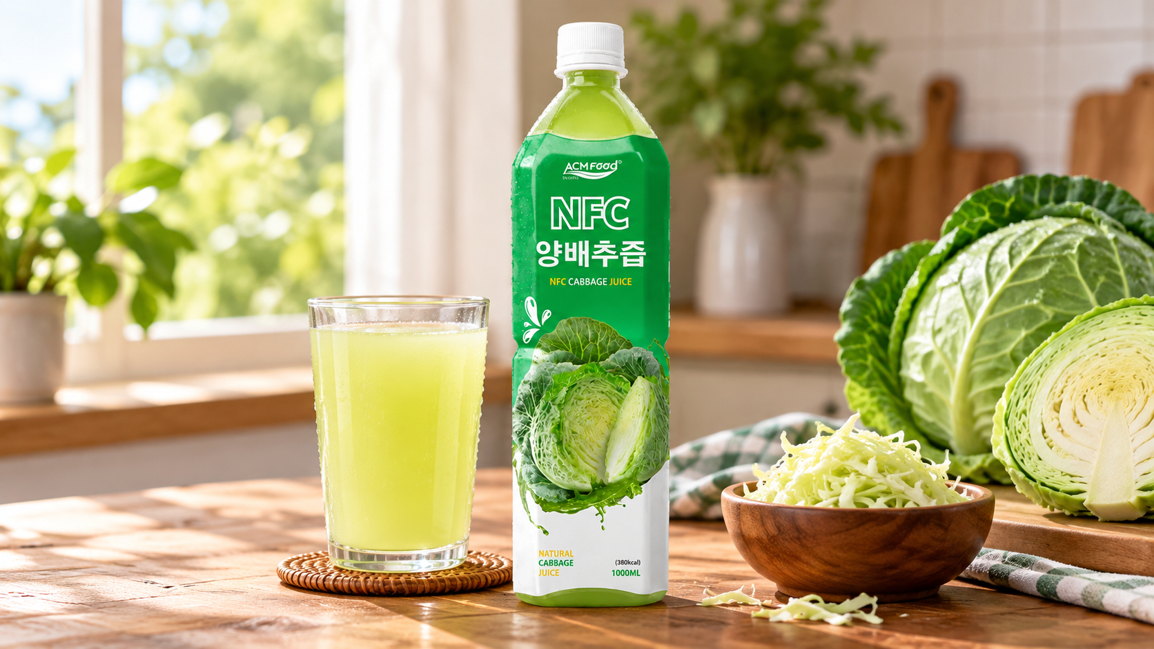 Glass of pale yellow-green fermented cabbage drink beside a clear bottle and a small bowl of shredded cabbage on a wooden table, natural window light, commercial beverage photography, landscape composition