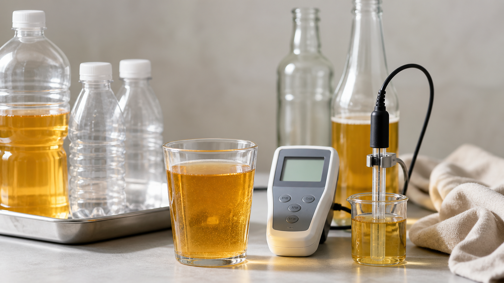 Glass of juice with pH meter beside assorted beverage bottles