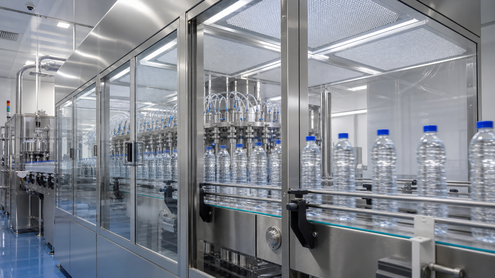 Aseptic filling line with PET bottles under sterile enclosure