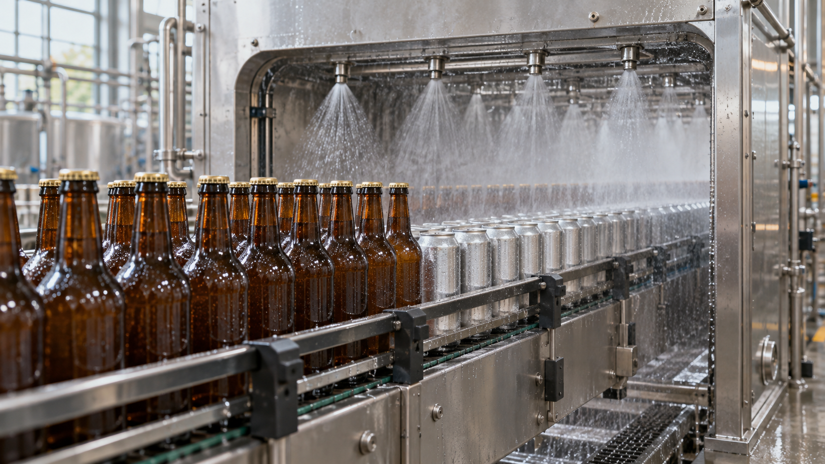 Bottles and cans moving through a tunnel pasteuriser