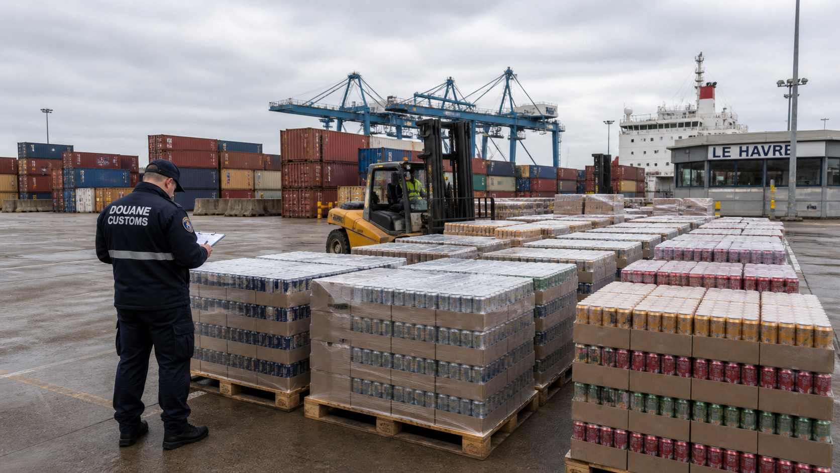 Pallets of beverage cartons under customs control at Le Havre terminal