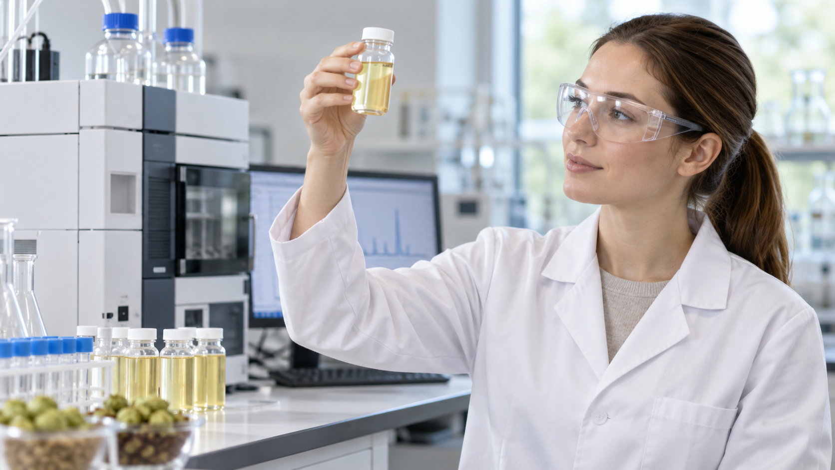 A laboratory technician in a white coat holding a small sample bottle of pale beverage up to the light beside analytical instruments on a clean bench, bright even laboratory lighting, shallow depth of field, realistic commercial laboratory photography, landscape composition