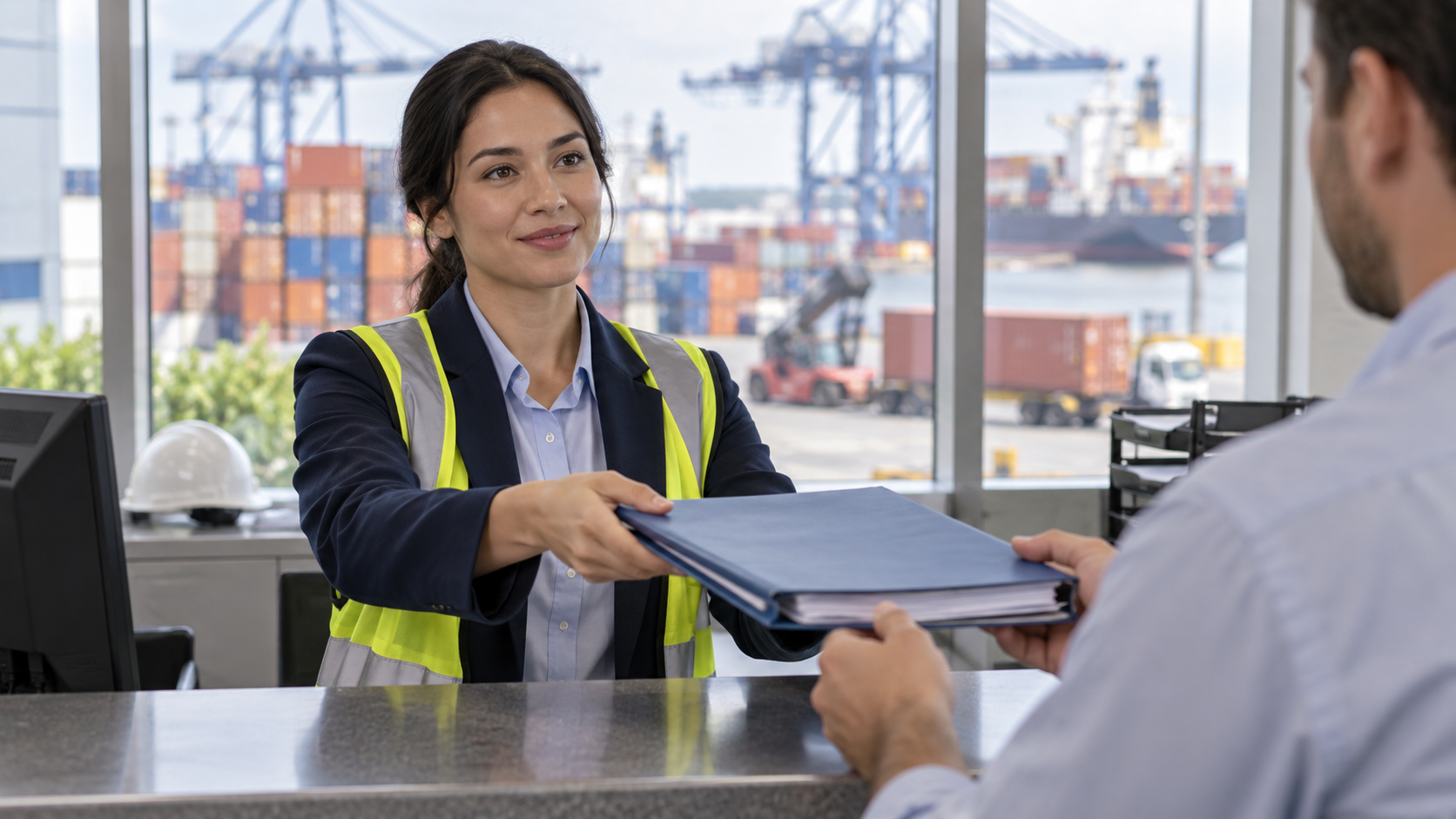 A shipping agent handing a folder of documents across a counter at a port office, a container yard visible through the window behind, neutral daylight, shallow depth of field, realistic commercial logistics photography, landscape composition, no legible text