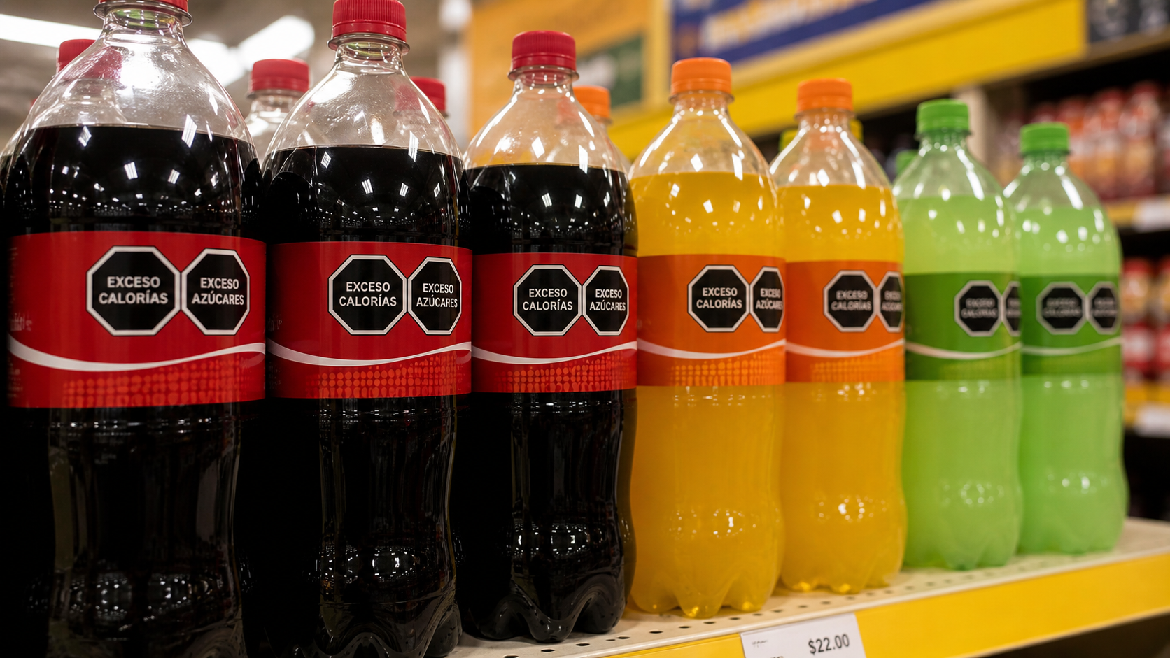 Black octagon warning labels on soda bottles in a Latin American store