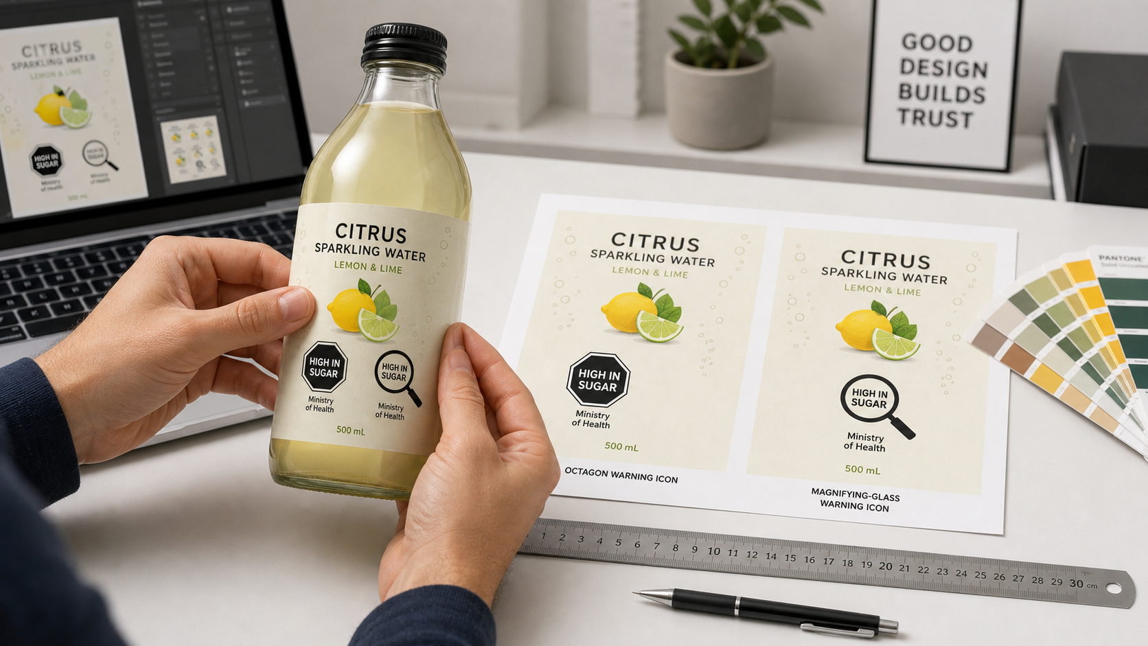 Designer adjusting beverage label with octagon and magnifying glass warning icons