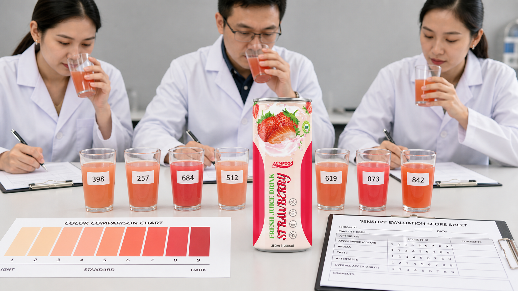 Sensory panel comparing fruit juice samples between batches for consistency