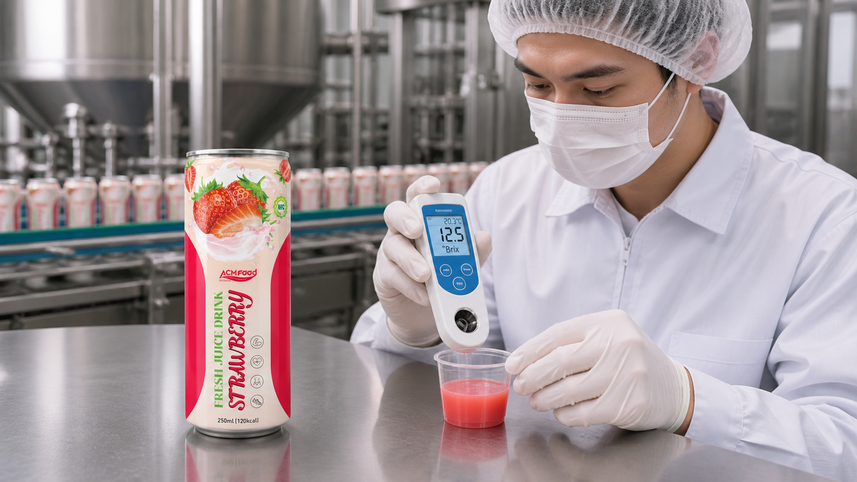Technician checking juice Brix on production line refractometer in factory