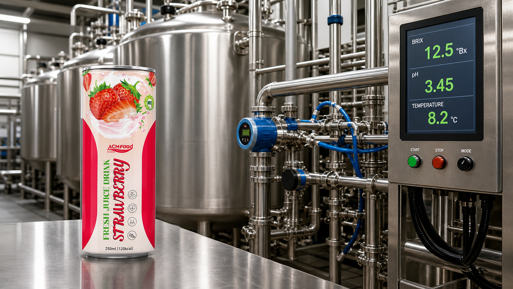 Stainless blending tanks with inline sensors for beverage consistency control
