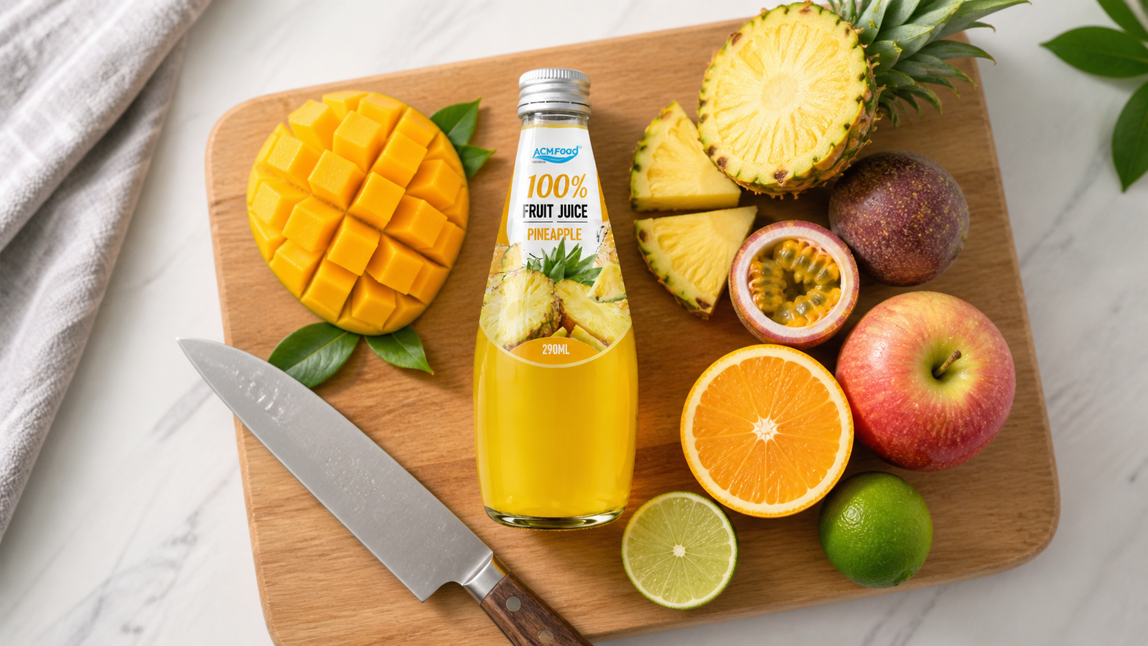 Assorted fresh tropical fruits arranged for developing fruit juice blends