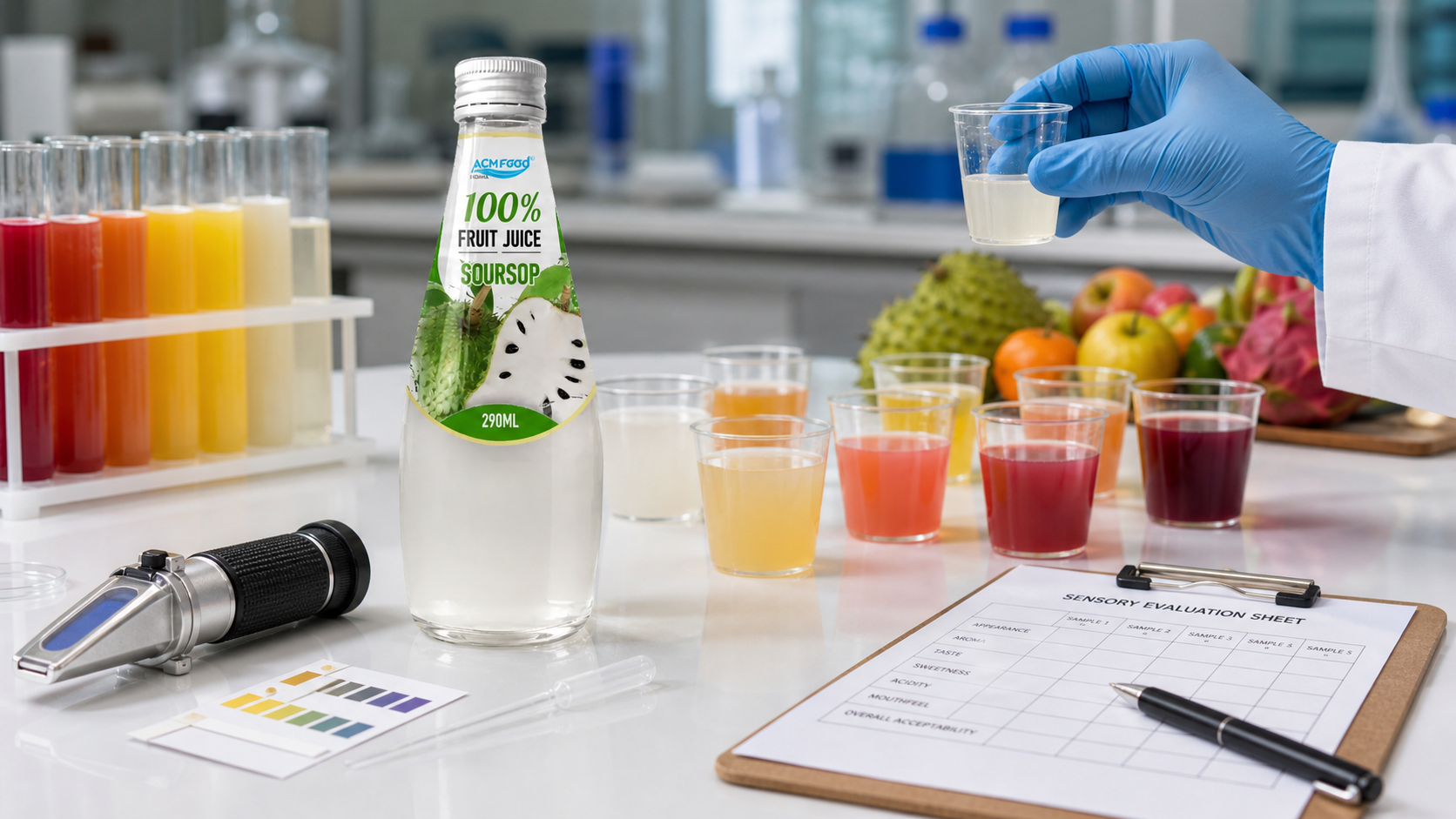R&D tasting of mixed fruit juice combinations in a lab