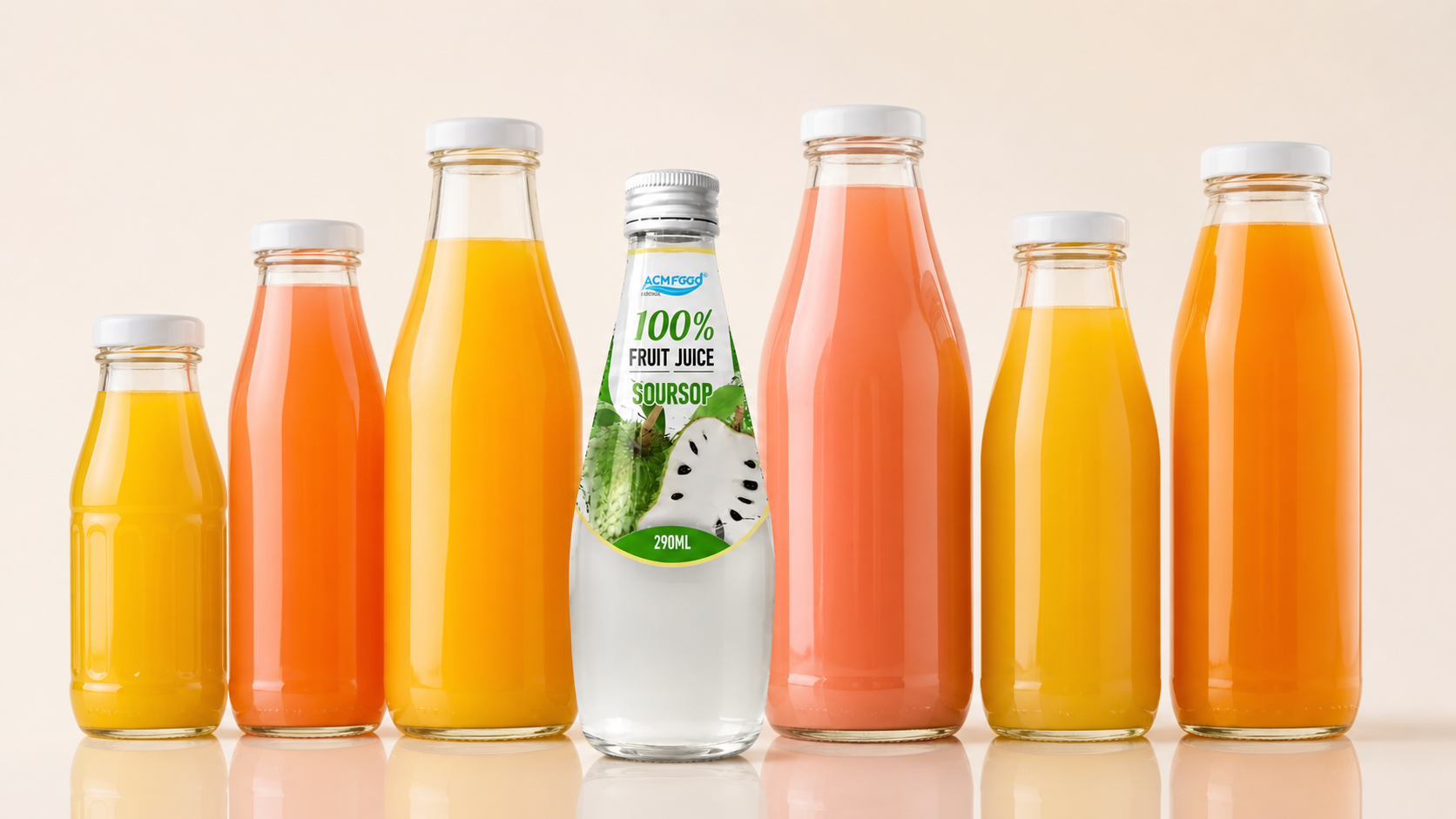 Bottled private label tropical juice blends on a clean background