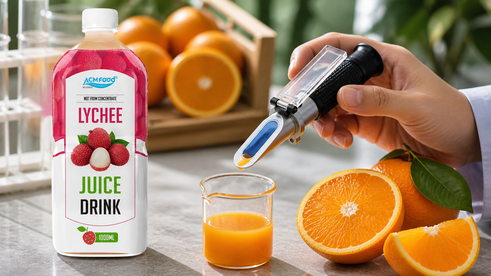 Hand refractometer measuring fruit juice Brix beside fresh oranges
