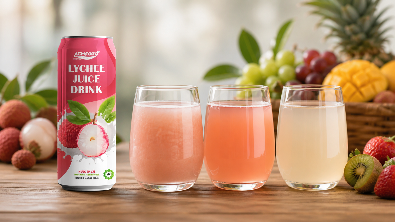 Three tasting glasses of juice, nectar and juice drink on table