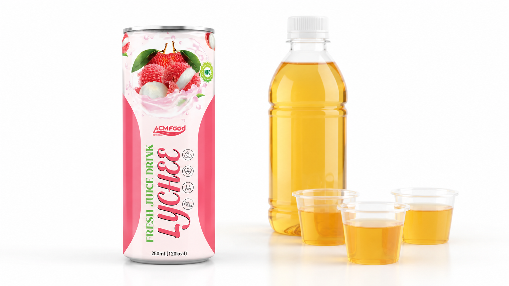 Generic clear juice bottle and sample cups in bright studio light