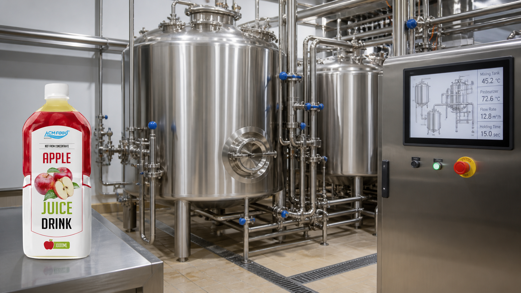 Stainless steel juice mixing and pasteurization tanks with control panel