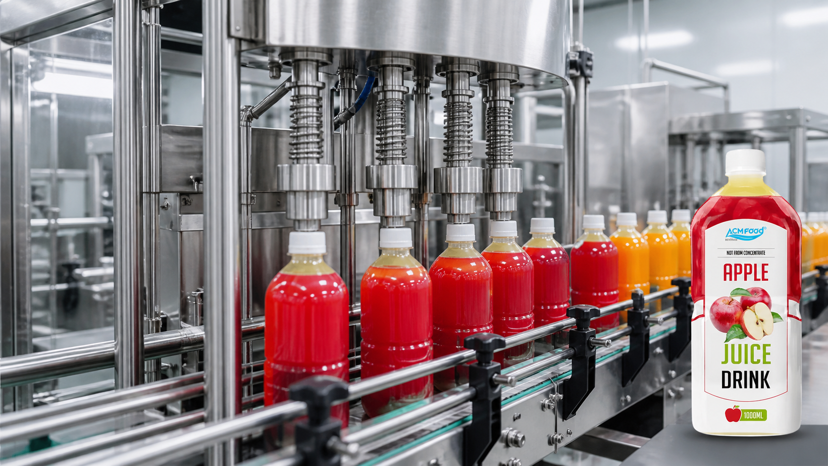 Aseptic filling line bottling fruit juice with cleanroom background