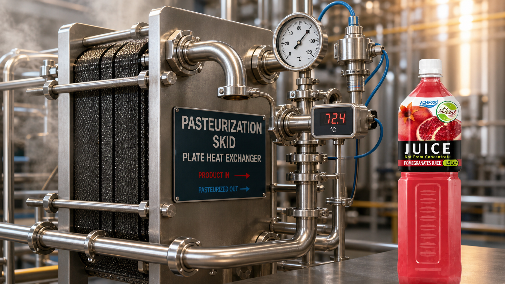 Plate heat exchanger and juice pasteurization pipes in a plant