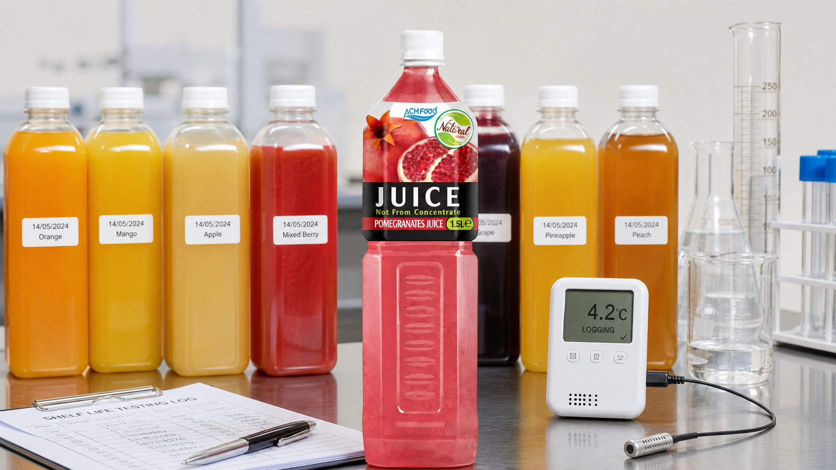 Assorted bottled fruit juices arranged for shelf life testing
