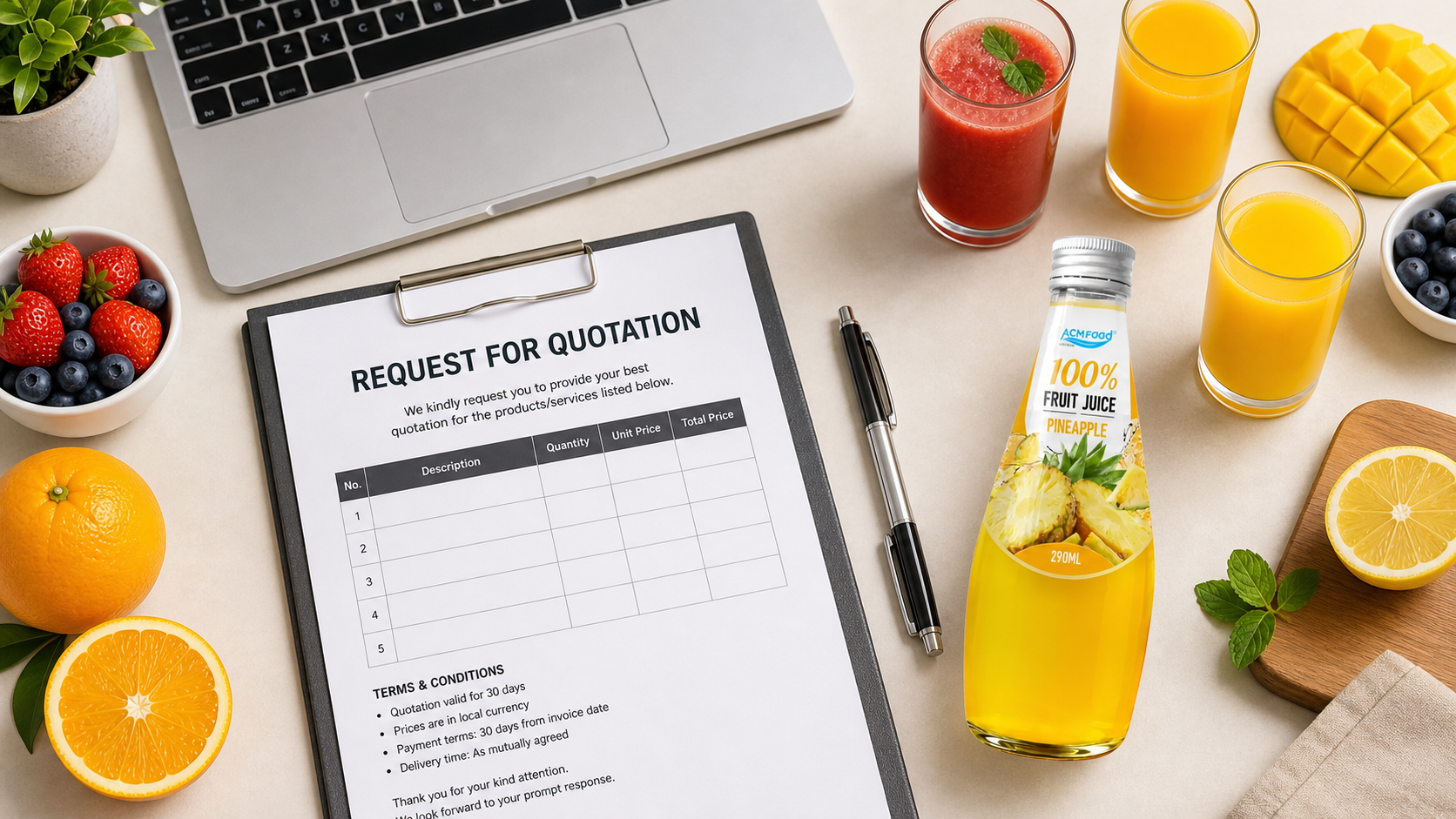 RFQ documents beside assorted fruit juices and fresh fruits on a desk