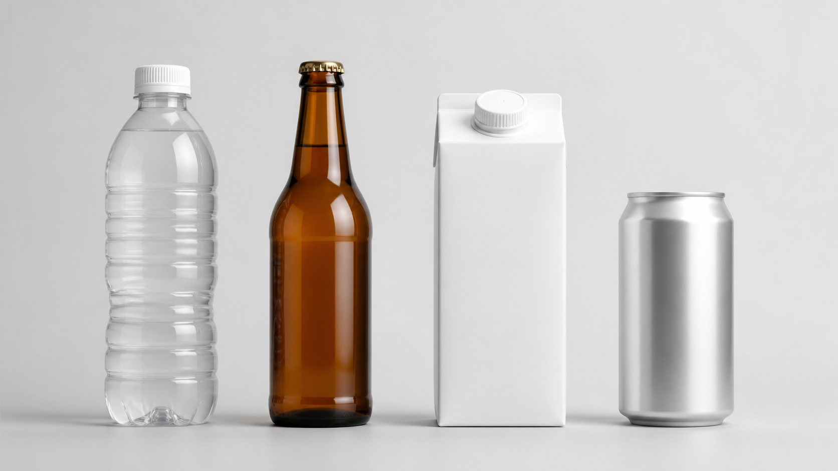 Juice packaging options display: PET bottles, glass, cartons and cans